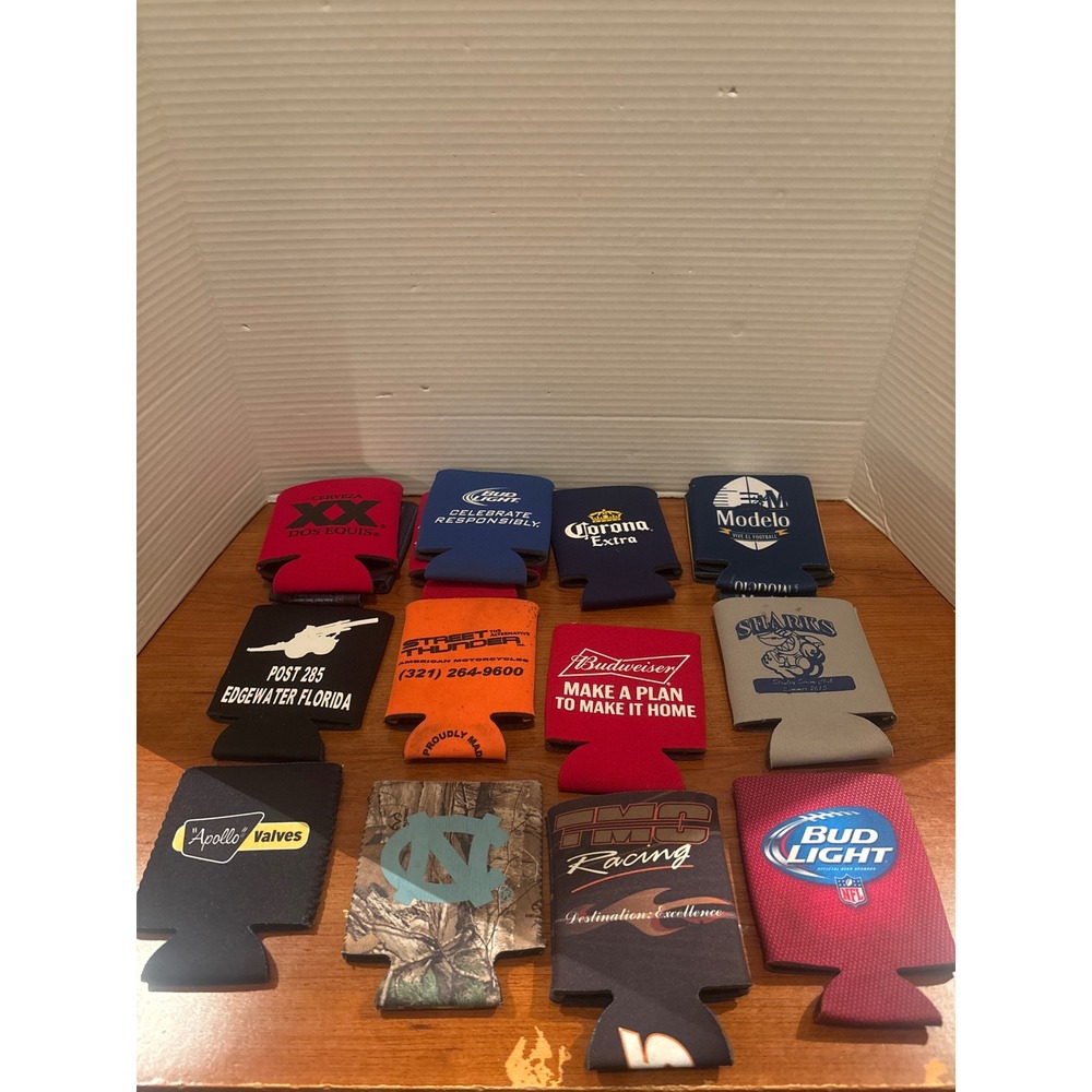 Lot of 15 Vintage Beer Soda Can Coolers Koozies Bud Light Corona Modelo UNC Camo